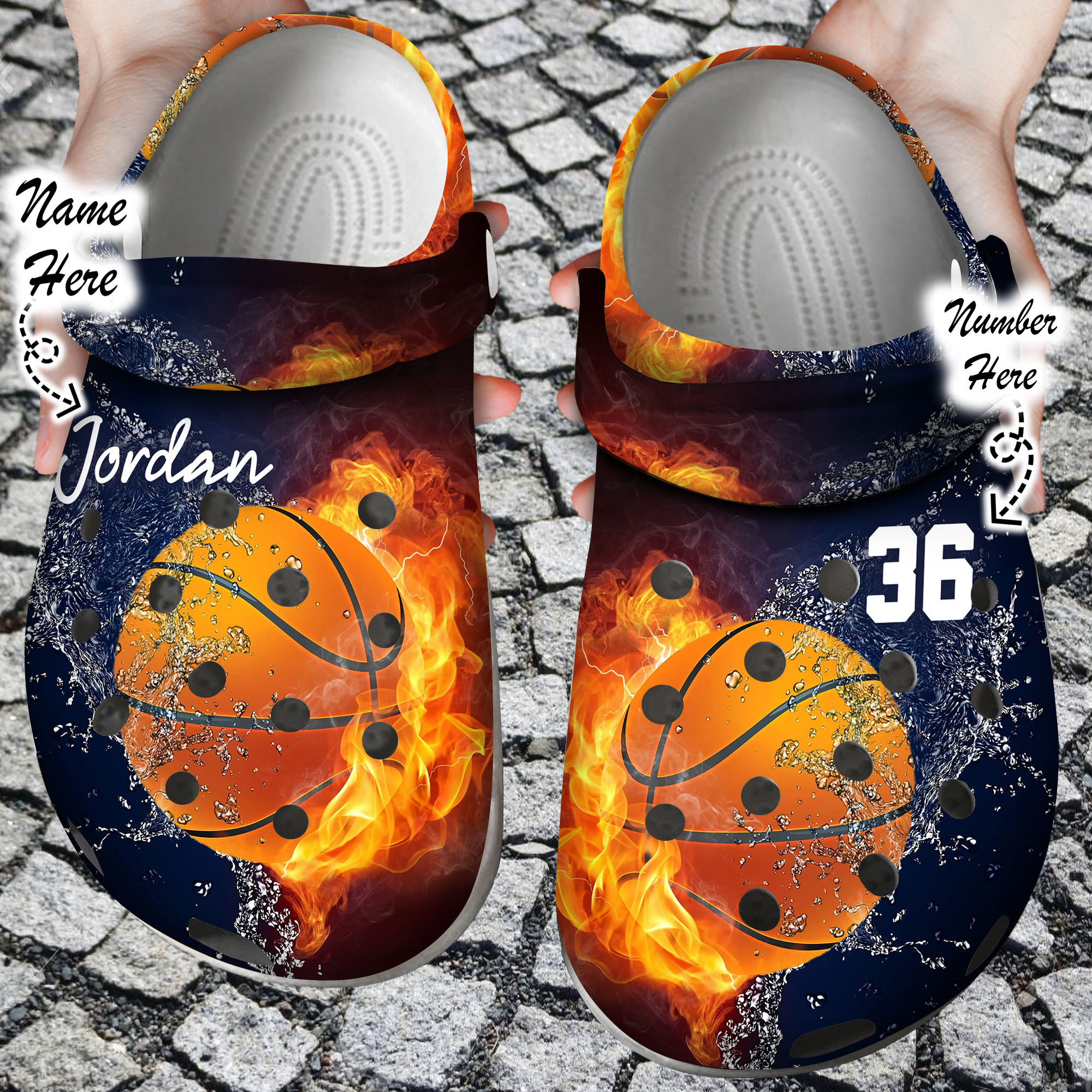 Custom Crocs Personalized Fire and Water Basketball Clog Shoes