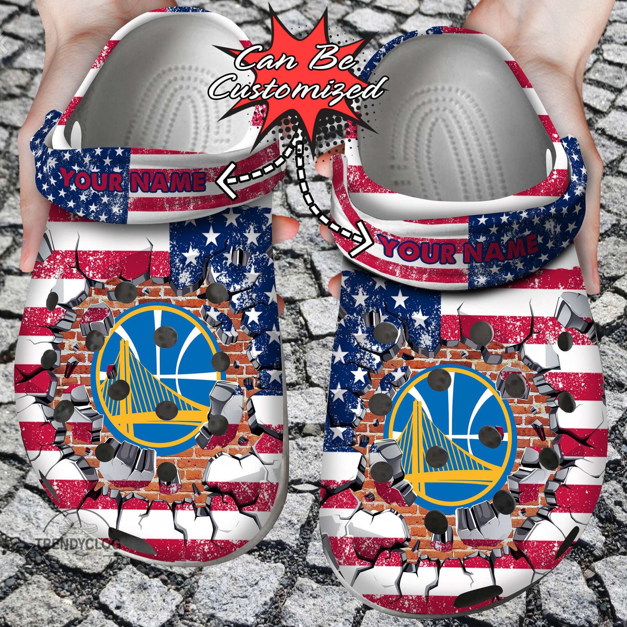 Basketball Crocs Personalized GWarriors American Flag Breaking Wall Clog Shoes