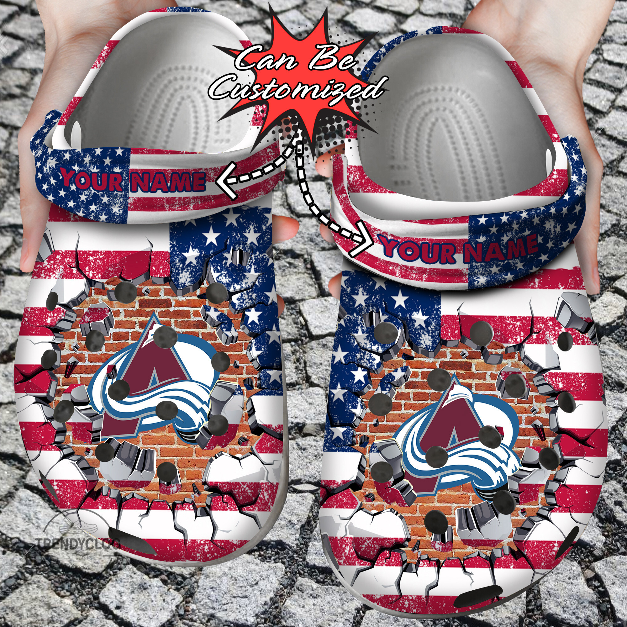 Hockey Crocs Personalized CAvalanche American Flag Breaking Wall Clog Shoes