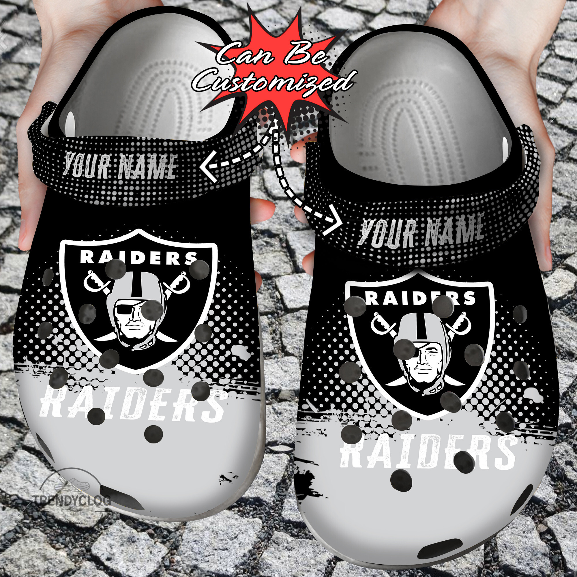 Football Crocs Personalized LV Raiders Half Tone Drip Flannel Clog Shoes