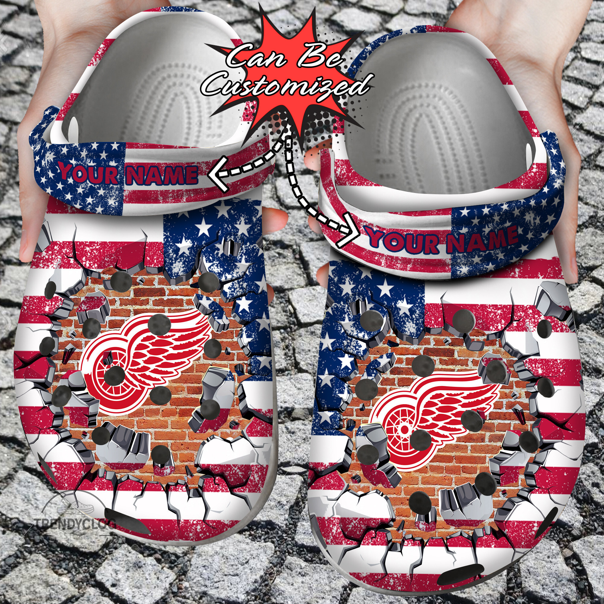 Hockey Crocs Personalized DRed Wings American Flag Breaking Wall Clog Shoes