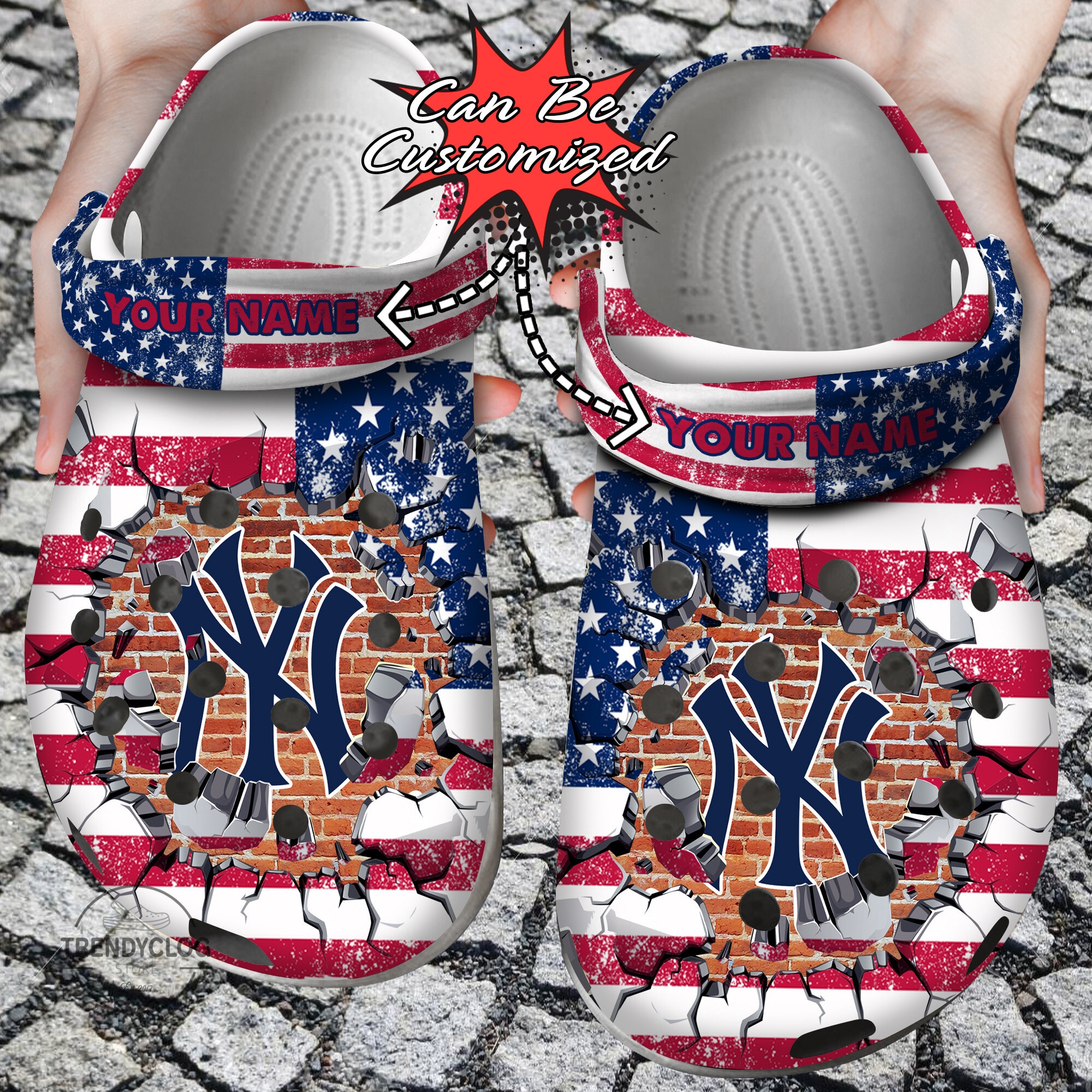 Baseball Crocs Personalized NY Yankees American Flag Breaking Wall Clog Shoes