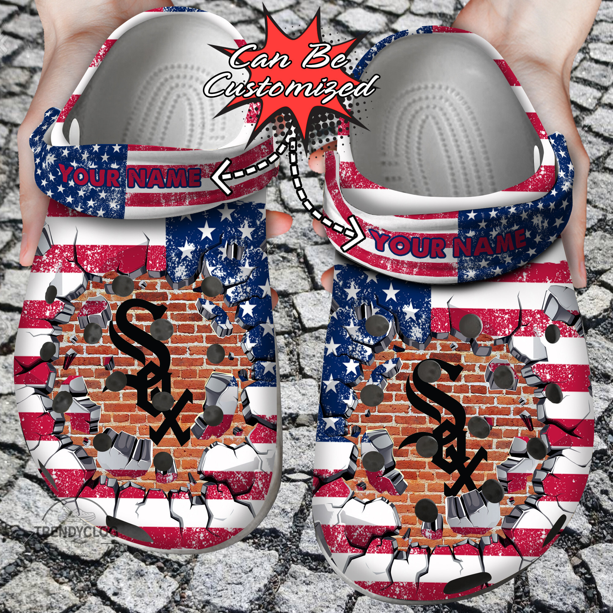 Baseball Crocs Personalized CWhite Sox American Flag Breaking Wall Clog Shoes