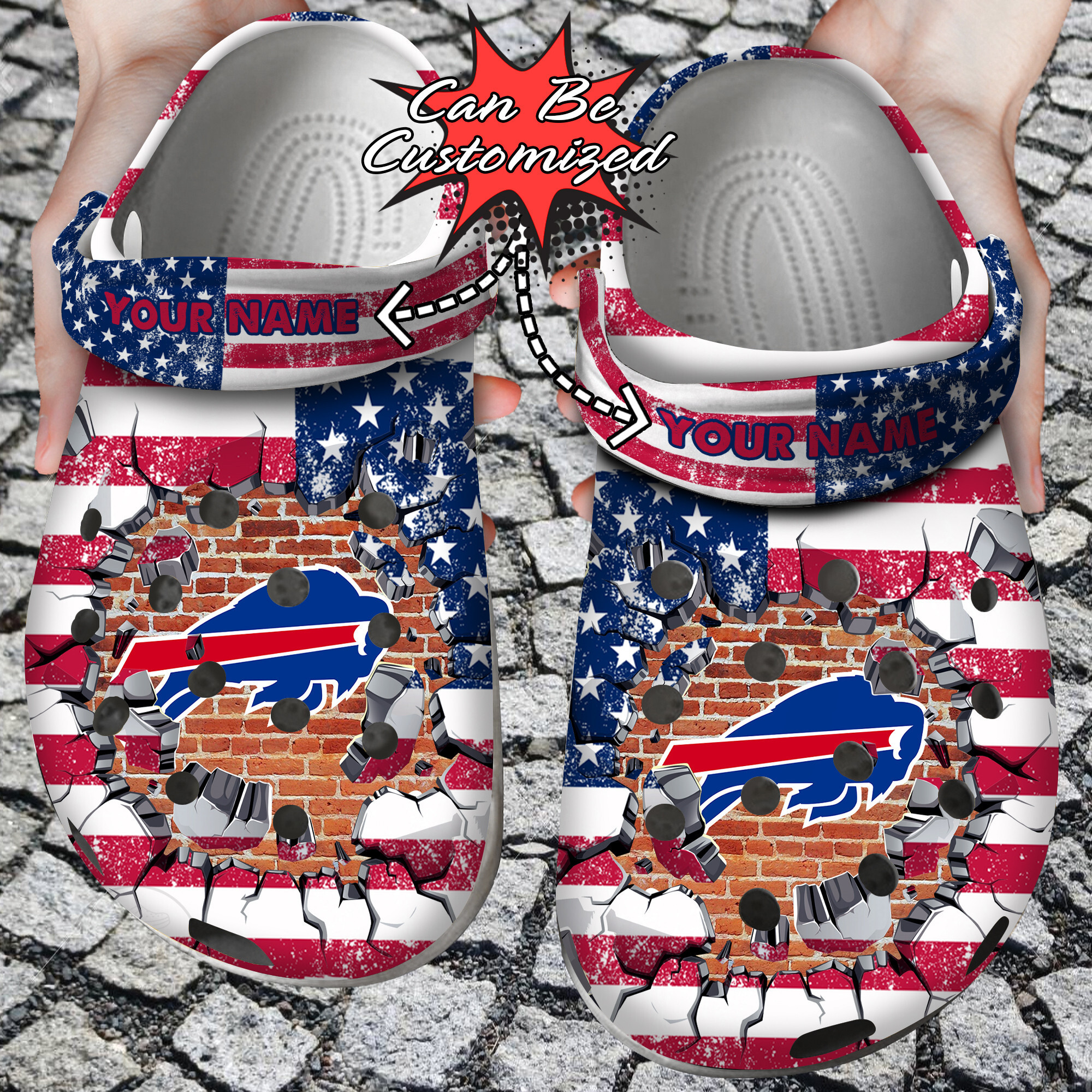 Personalized Name  Logo Football Team American Flag Breaking Wall Crocs Clog Shoes