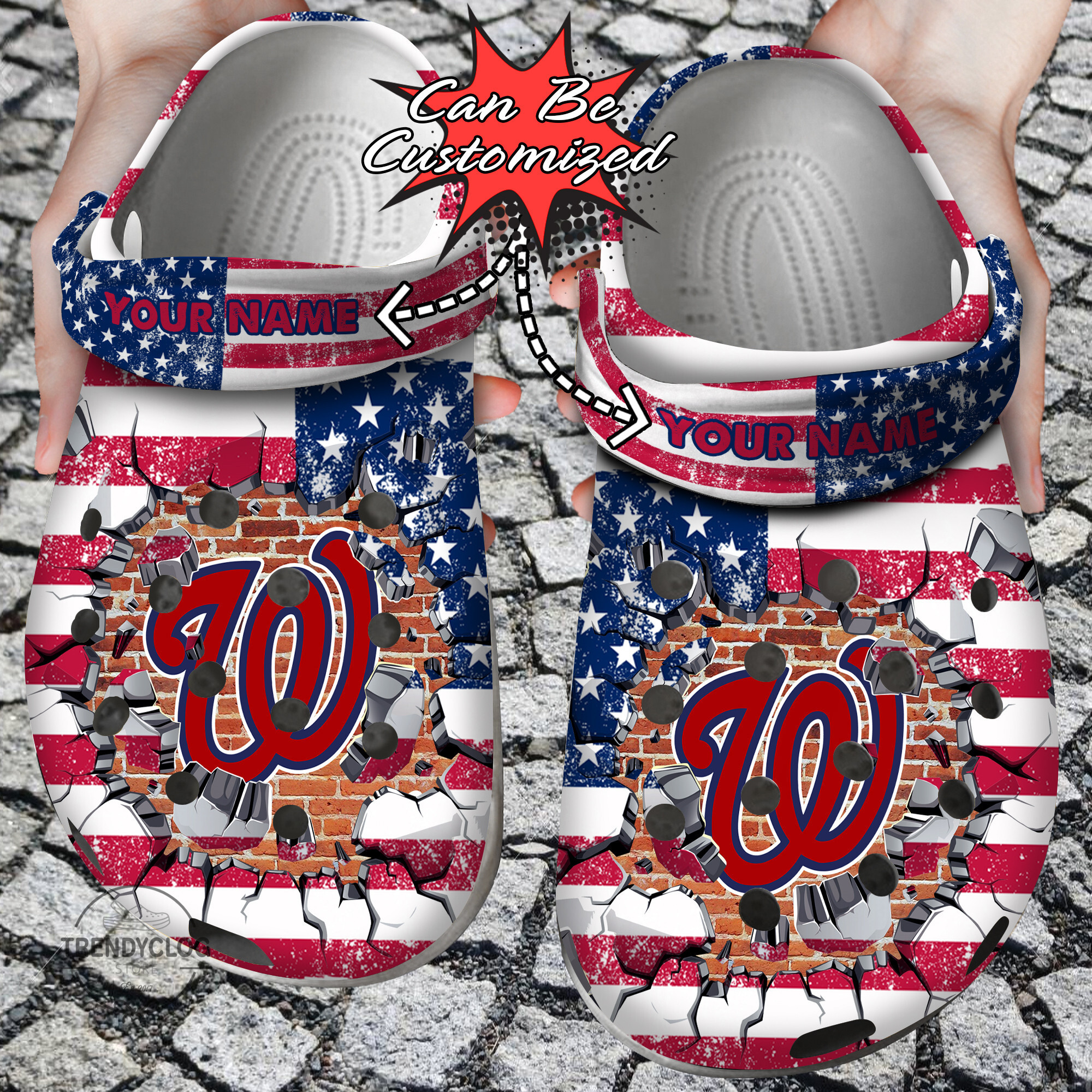 Baseball Crocs Personalized WNationals American Flag Breaking Wall Clog Shoes
