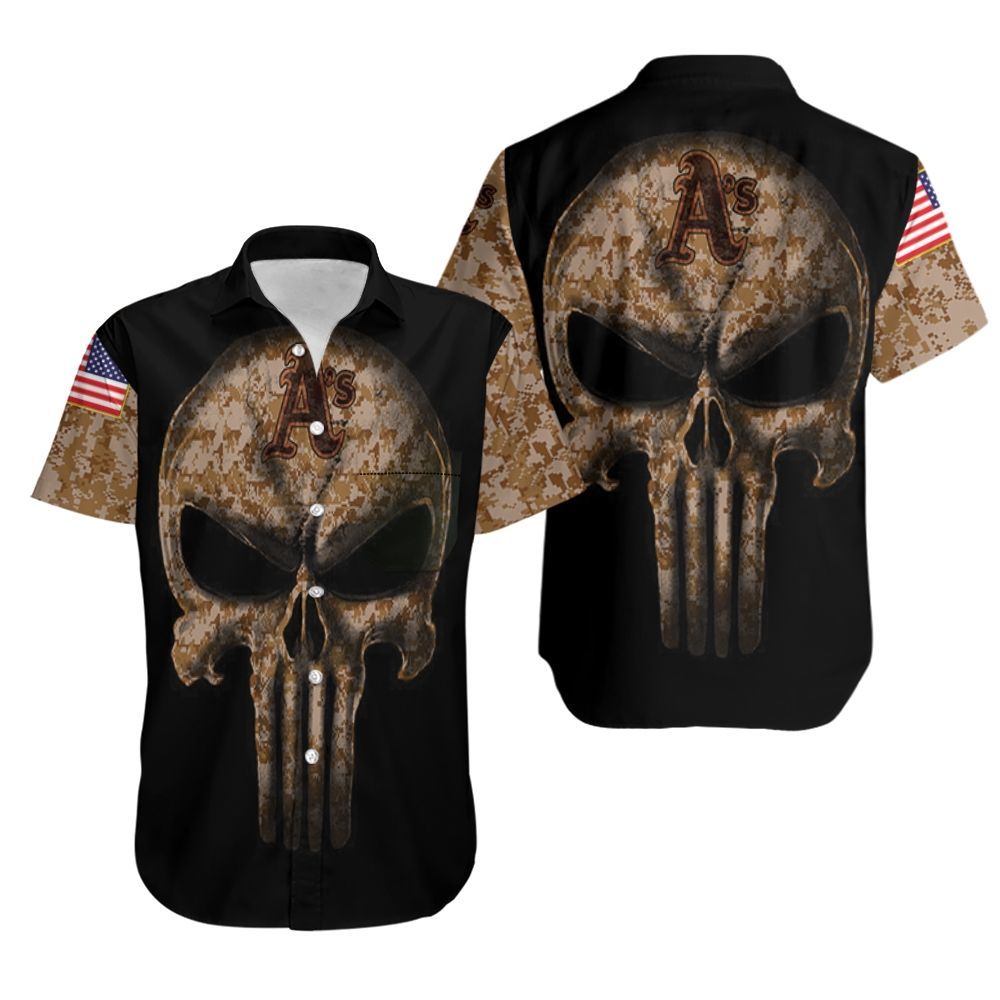 Camouflage Skull Oakland Athletics American Flag Hawaiian Shirt Aloha Shirt for Men Women