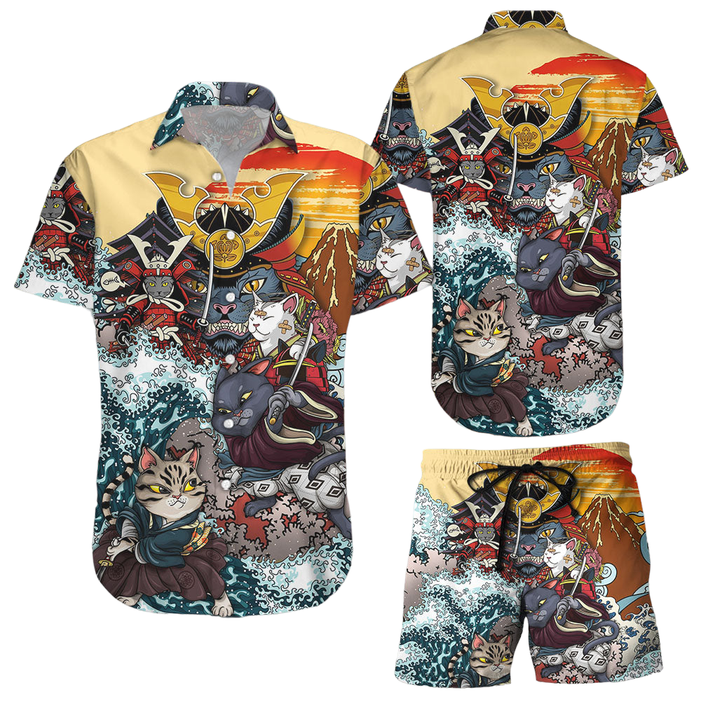 Cat Themed Hawaiian Shirt Cat Samurai Button Down Shirts Funny Gift Ideas For Cat Lovers