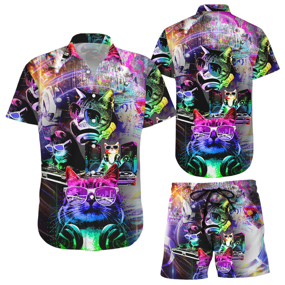 Cat Themed Hawaiian Shirt Colorful Cat DJ Button Down Shirts Best Gift For Cat Lovers