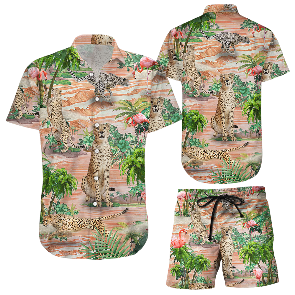 Cheetah Print Hawaiian Shirt Cheetah and Flamingo Button Down Shirts Gifts For Cheetah Lovers
