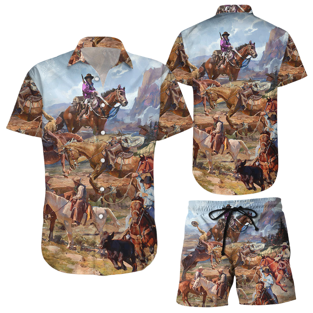 Cowboy Hawaiian Shirt Cowboy Watercolor Riding Horse Western Hawaii Shirt Summer Holiday Gift
