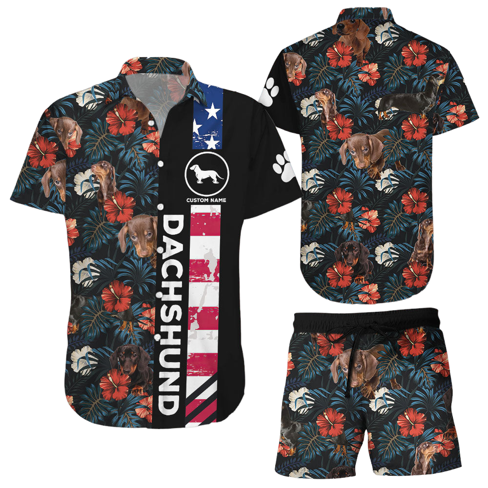 Dachshund American Hawaiian Shirts Cute Dog With Flag And Tropical Flowers Shirts Best Gift For Summer