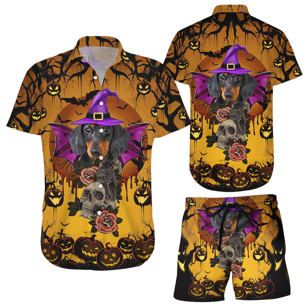 Dachshund Print Hawaiian Shirt Dachshund Witch Pumpkin Halloween Funny Hawaii Shirt Dachshund Dad Gifts