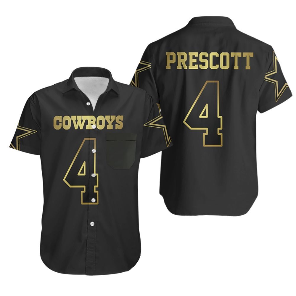 Dallas Cowboys 4 Dak Prescott Black Golden Edition Jersey Inspired Hawaiian Shirt Aloha Shirt for Men Women