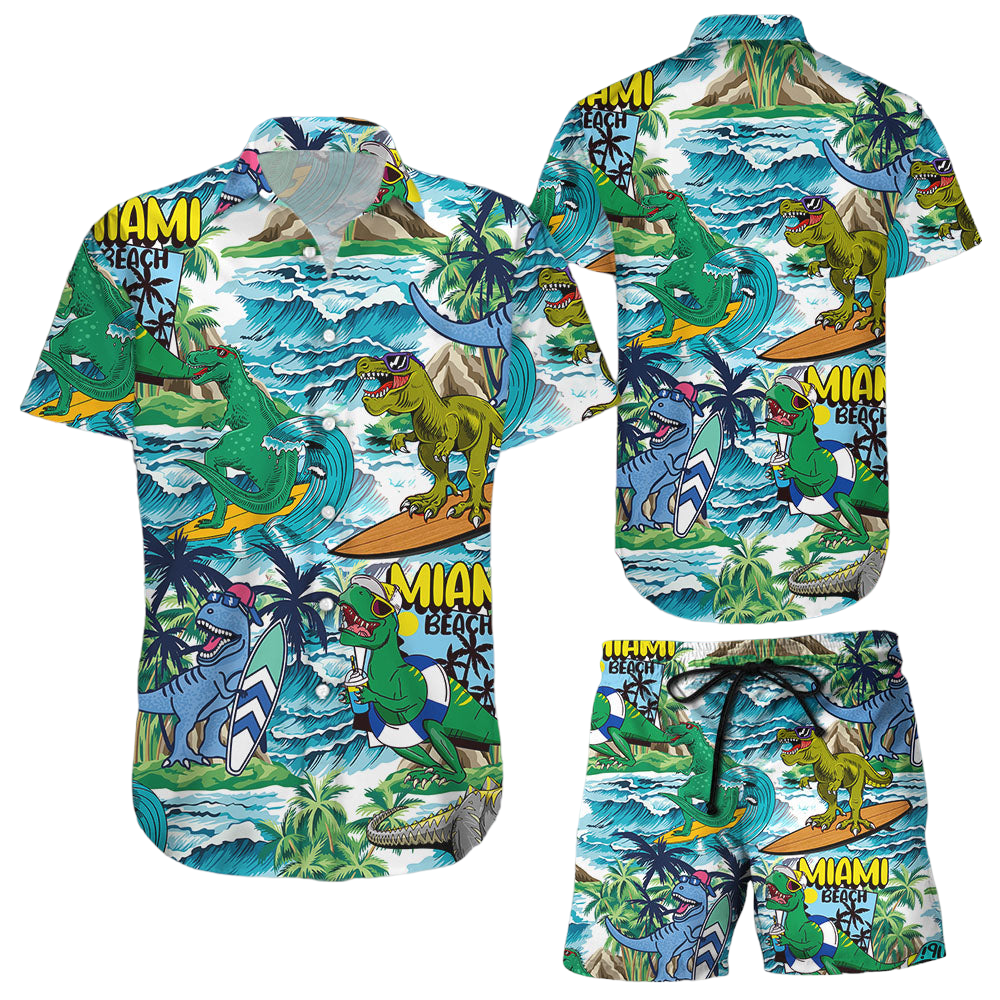 Dinosaur Hawaiian Shirt Dinosaur Surfing Button Down Shirts Dinosaur Gift Ideas