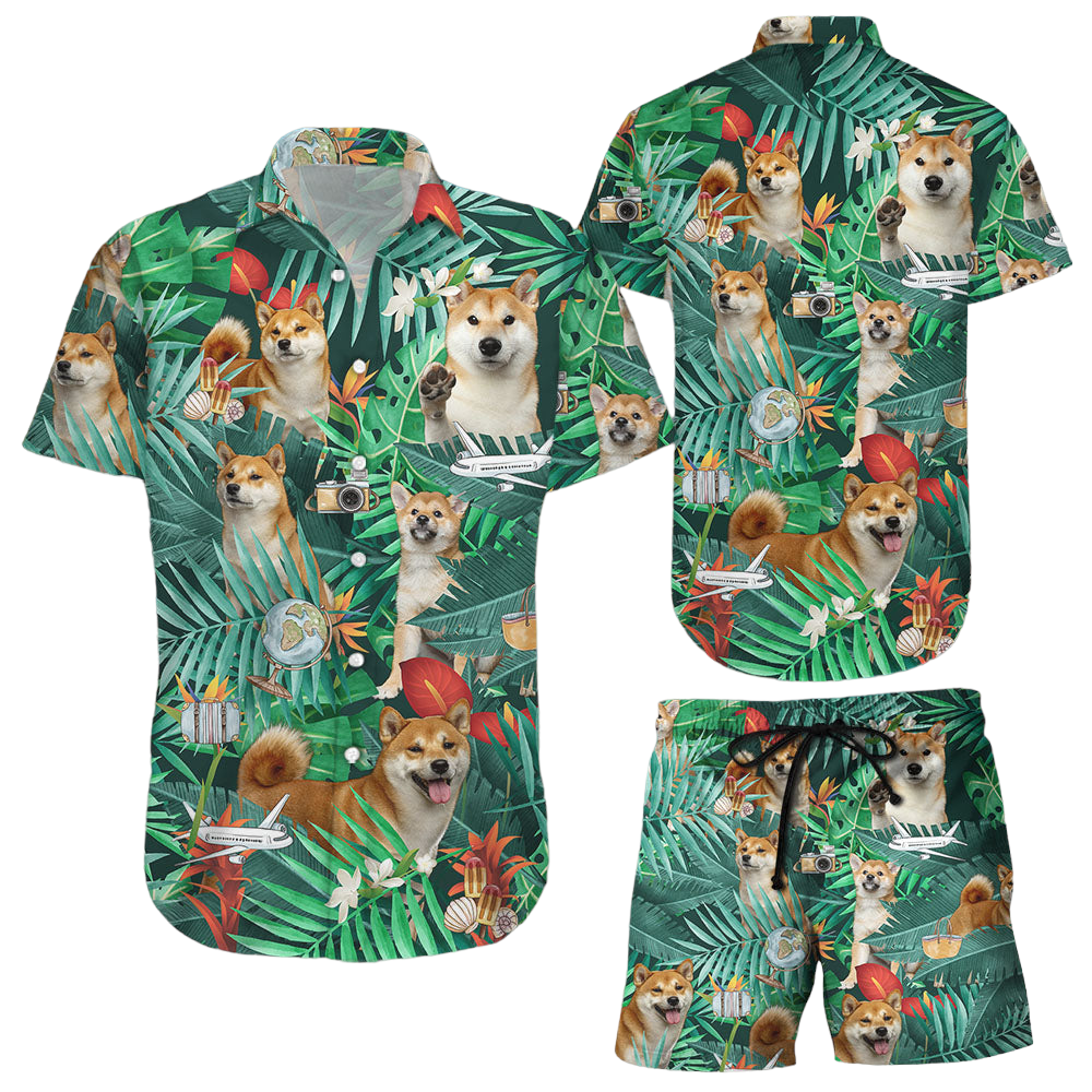 Dog Print Hawaiian Shirt Green Tropical Shiba Dog Button Down Shirt Dog Themed Gift Ideas