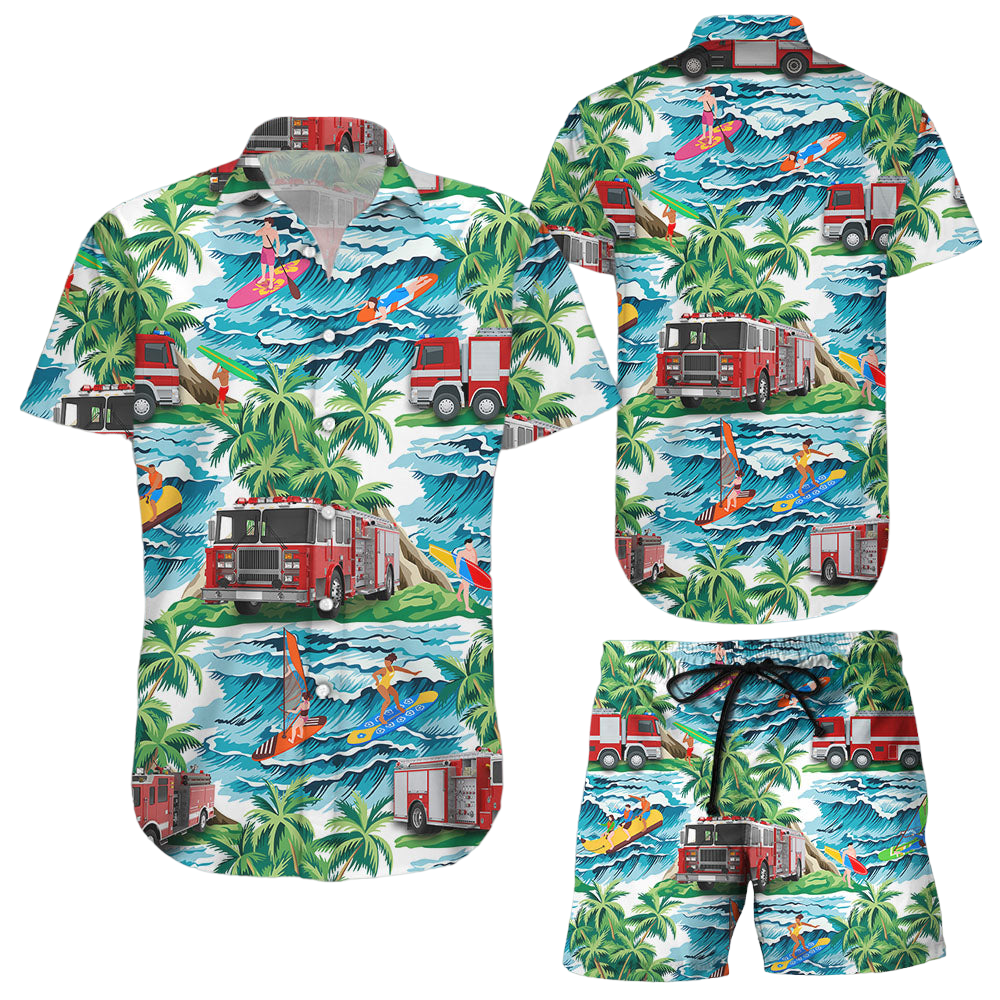 Fire Truck Hawaiian Shirt Tropical Surfing Beach Fire Trucker Hawaii Shirt Tropical Themed Gift Ideas