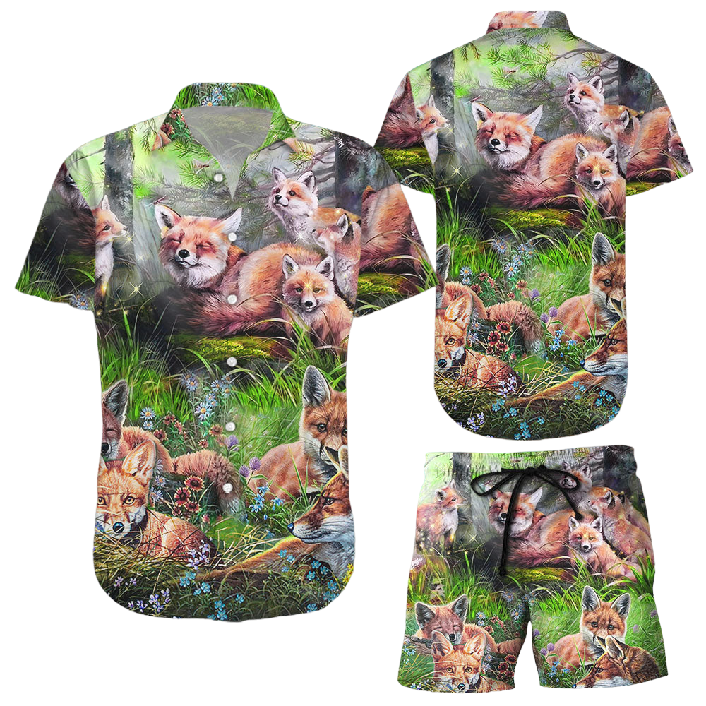 Fox Hawaiian Shirt Fox Family Hawaii Green Grass Button Down Shirts Gift For Summer Holiday