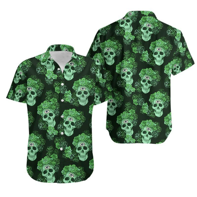 Green Bay Packers Mystery Skull And Flower Hawaiian Shirt Aloha Shirt for Men Women