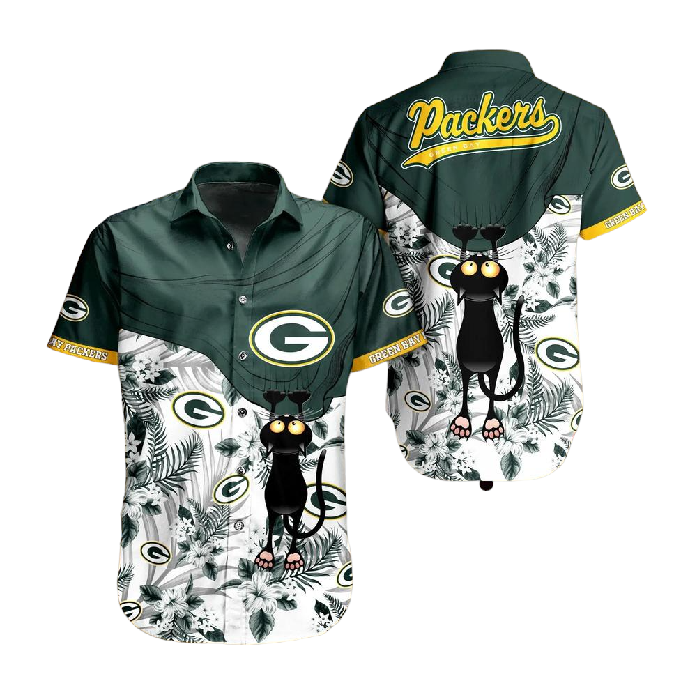 Green Bay Packers Nfl Hawaiian Shirt Black Cat Graphic 3D Printed Hawaii Shirt Short Fan Ever