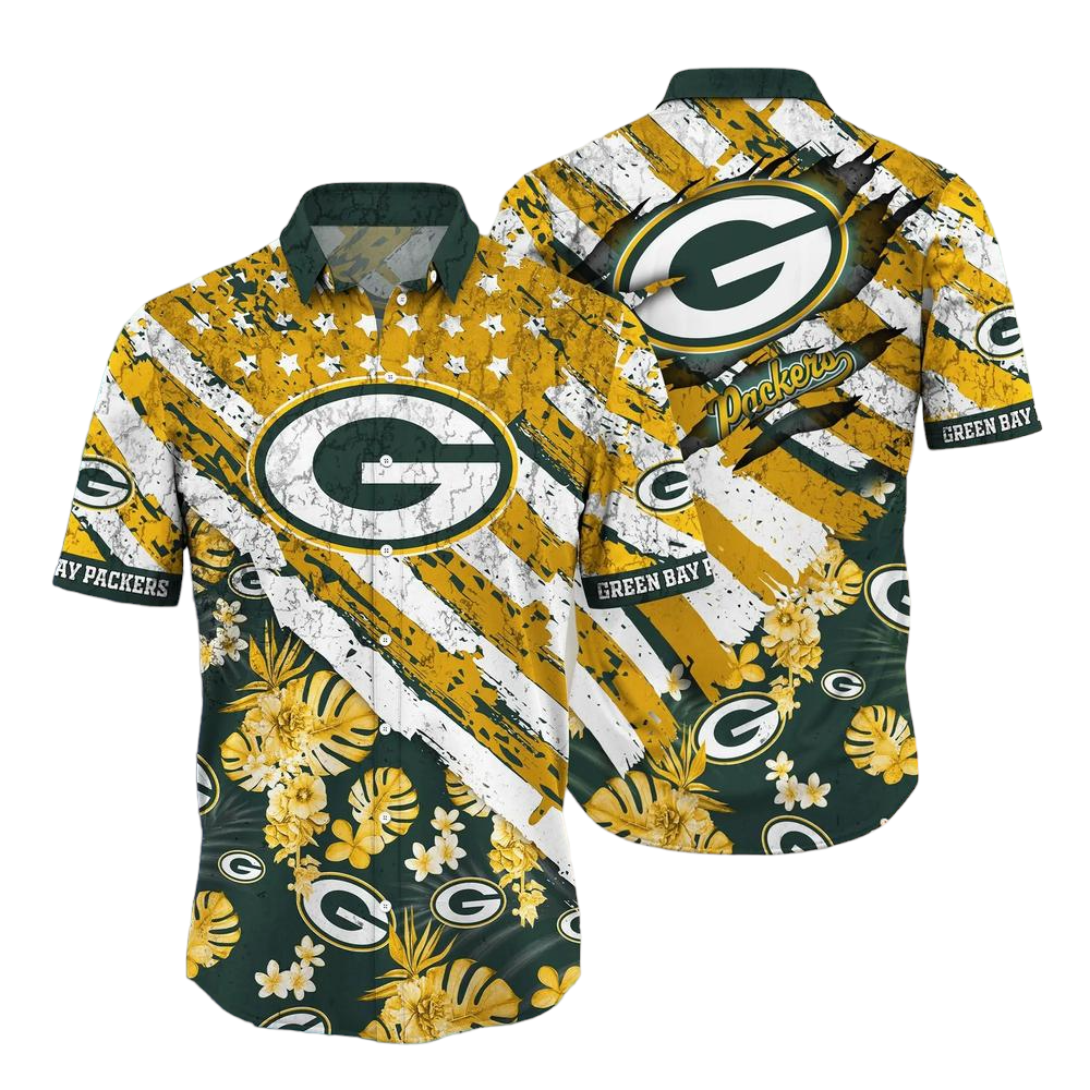 Green Bay Packers Nfl Hawaiian Shirt Floral Print American Flag Beach Shirt Short Style Summer