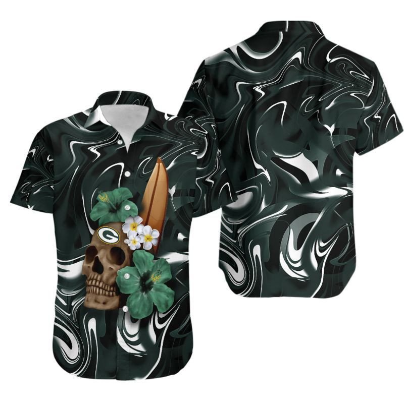 Green Bay Packers Skull and Hibiscus Flower NFL Gift For Fan Hawaiian Shirt Aloha Shirt for Men Women