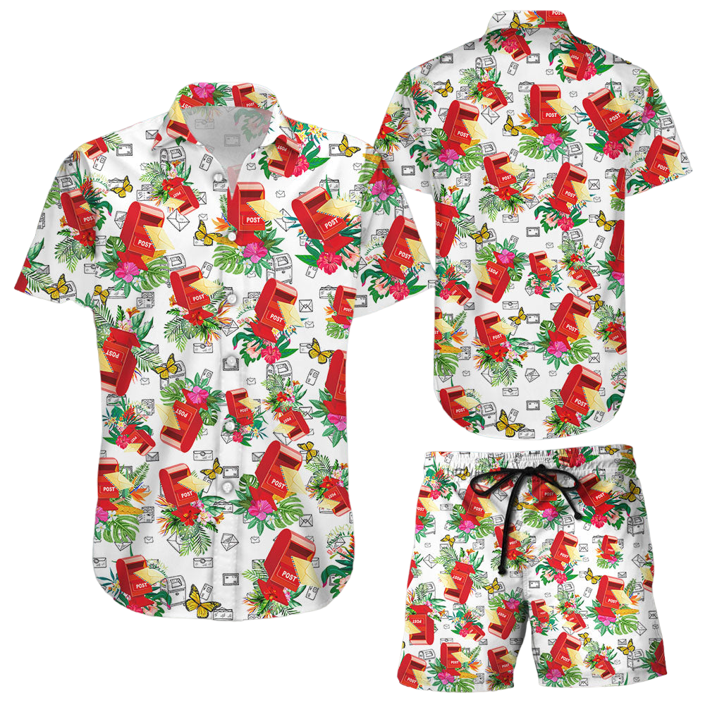 Green Leaves Hawaiian Shirt Tropical Postal Worker Red Mail Box Hawaii Shirt Unique Beach Themed Gifts