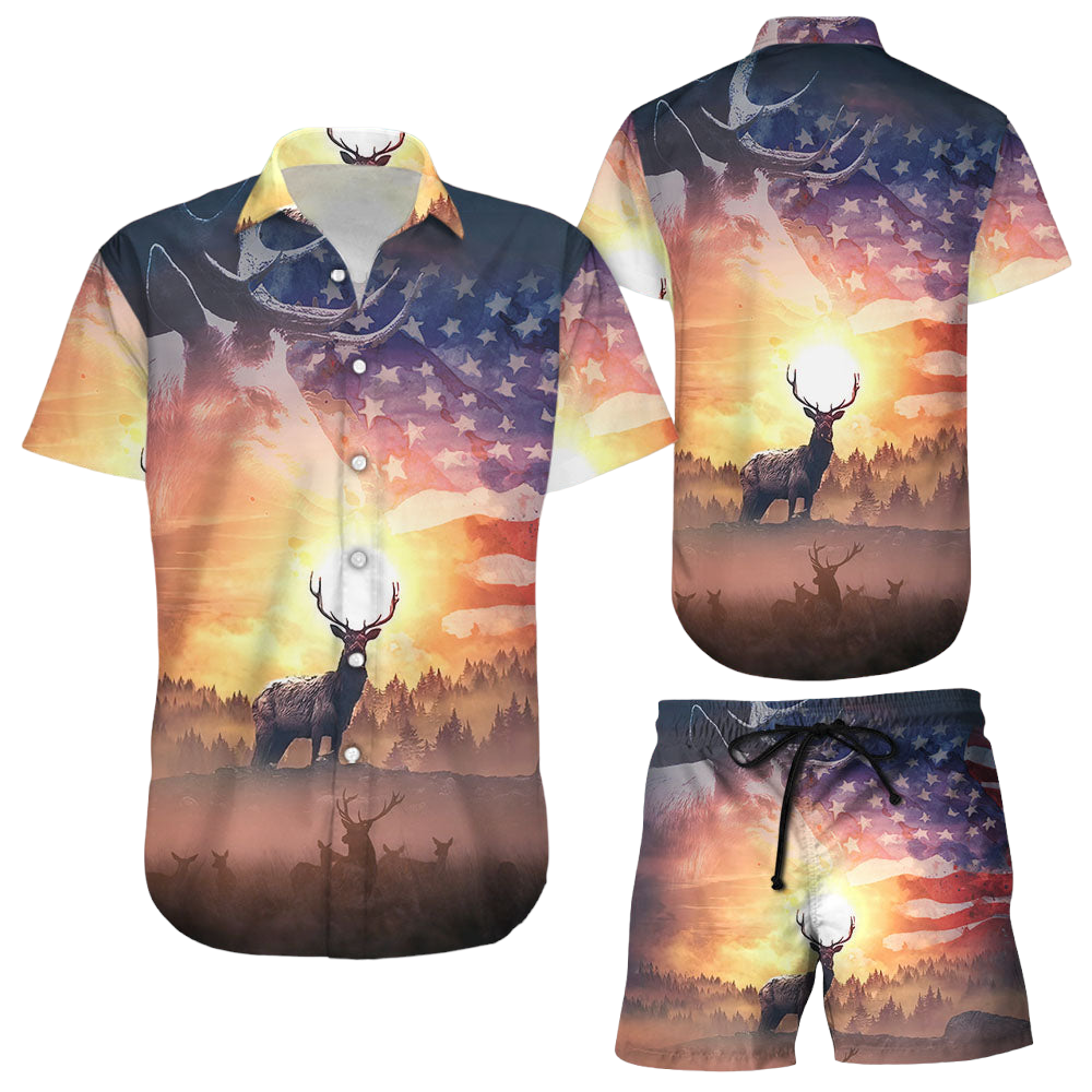 Hawaiian American Flag Shirt Deer America Flag At Sunset Hawaii Shirt Deer Gift Ideas