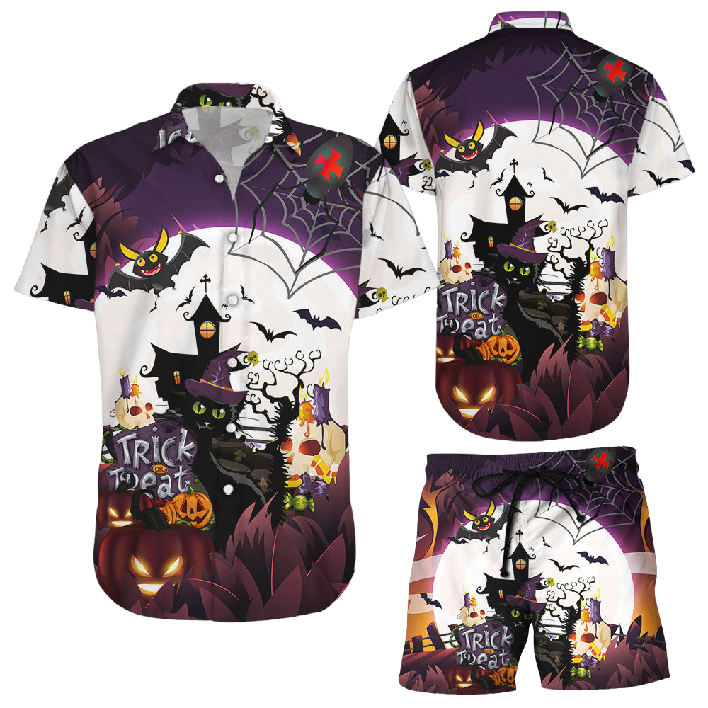 Hawaiian Halloween Shirts Cat Witch Pumpkin Treat Or Trick Castle Spider Bat Skull Halloween Gift