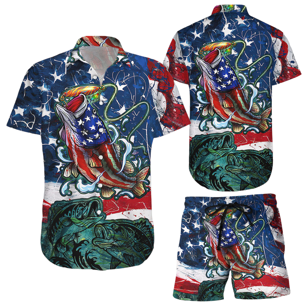 Hawaiian Print Fishing Shirt Fishing American USA Flag Hawaii Shirt Cool Fishing Gifts