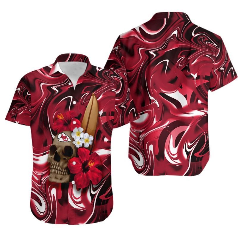 Kansas City Chiefs Skull and Hibiscus Flower NFL Gift For Fan Hawaiian Shirt Aloha Shirt for Men Women