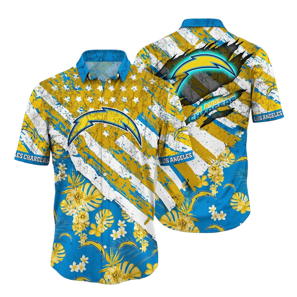 Los Angeles Chargers NFL Hawaiian Shirt Floral Print American Flag Beach Shirt Short Style Summer