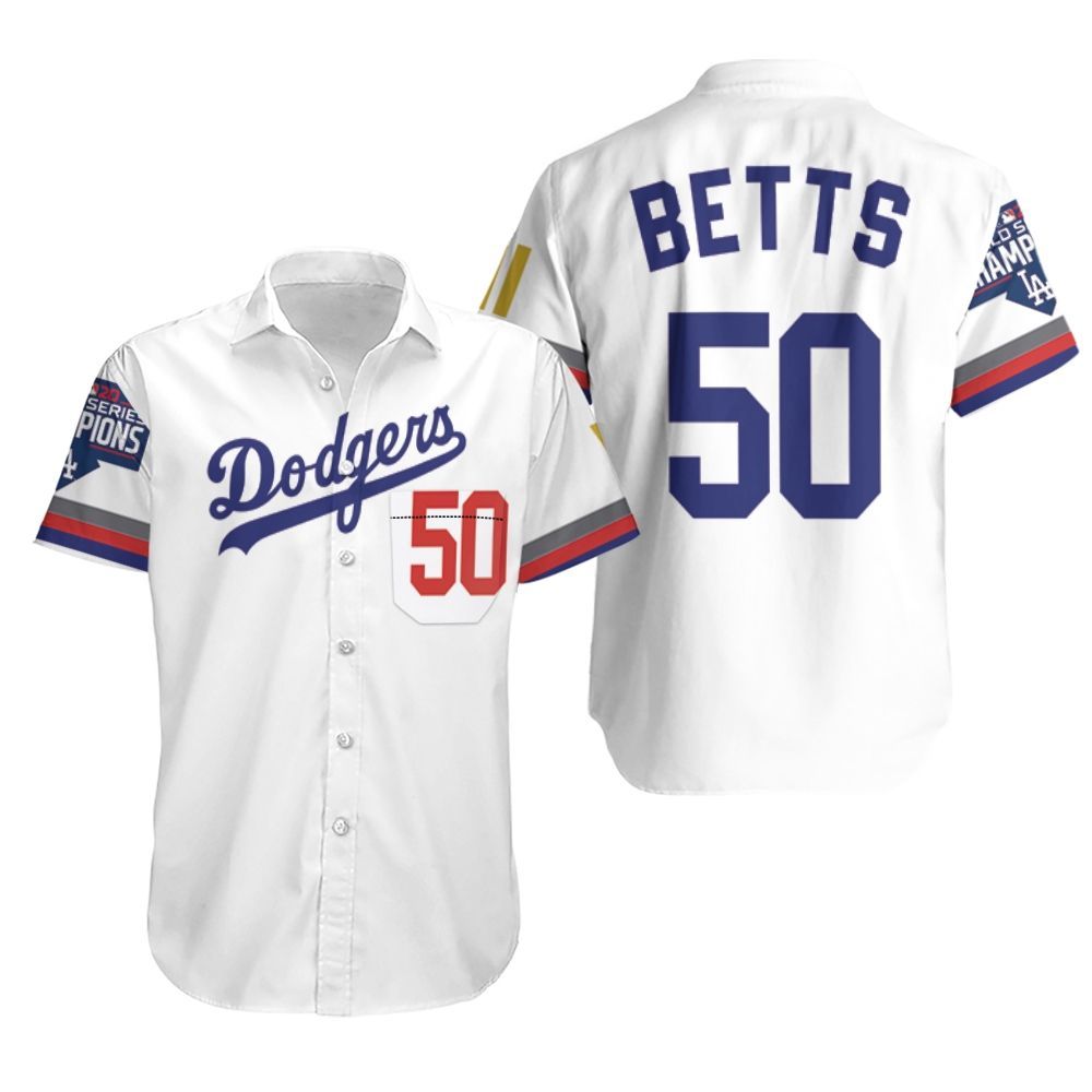 Los Angeles Dodgers Betts 50 2020 Championship Golden Edition White Jersey Inspired Style Hawaiian Shirt Aloha Shirt for Men Women