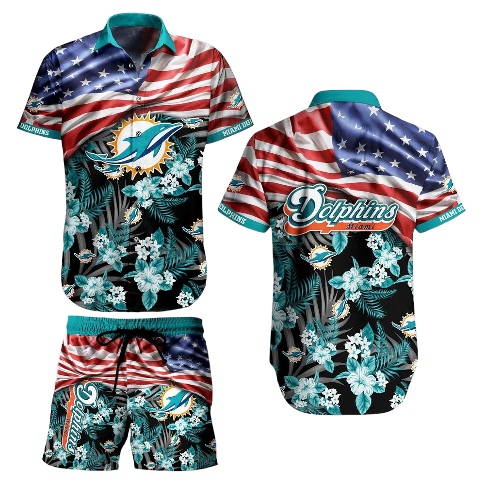 Miami Dolphins NFL Hawaiian Shirt And Short Summer Tropical Pattern US Flag Best Gift For Sports Enthusiast