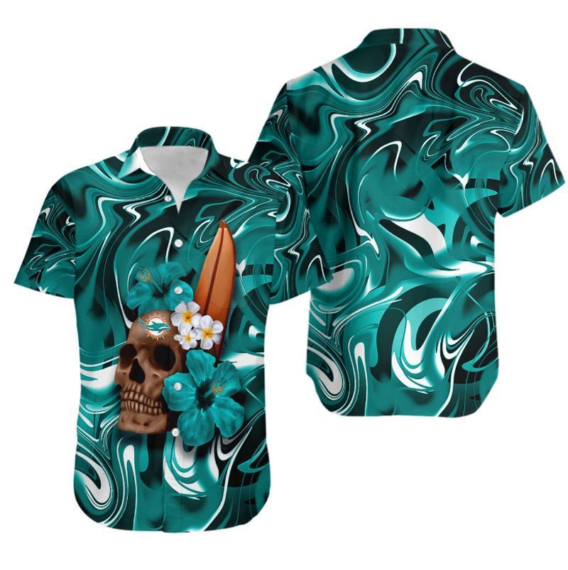 Miami Dolphins Skull and Hibiscus Flower NFL Gift For Fan Hawaiian Shirt Aloha Shirt for Men Women