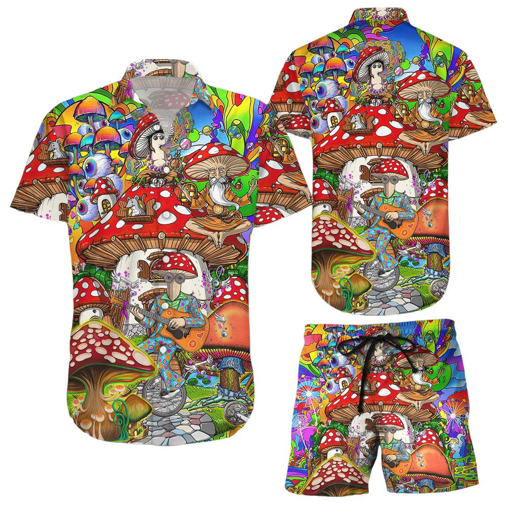 Mushrooms Hawaiian Shirt Guitar Hippie Mushrooms House Colorful Hawaii Shirt Best Beach Gift Ideas