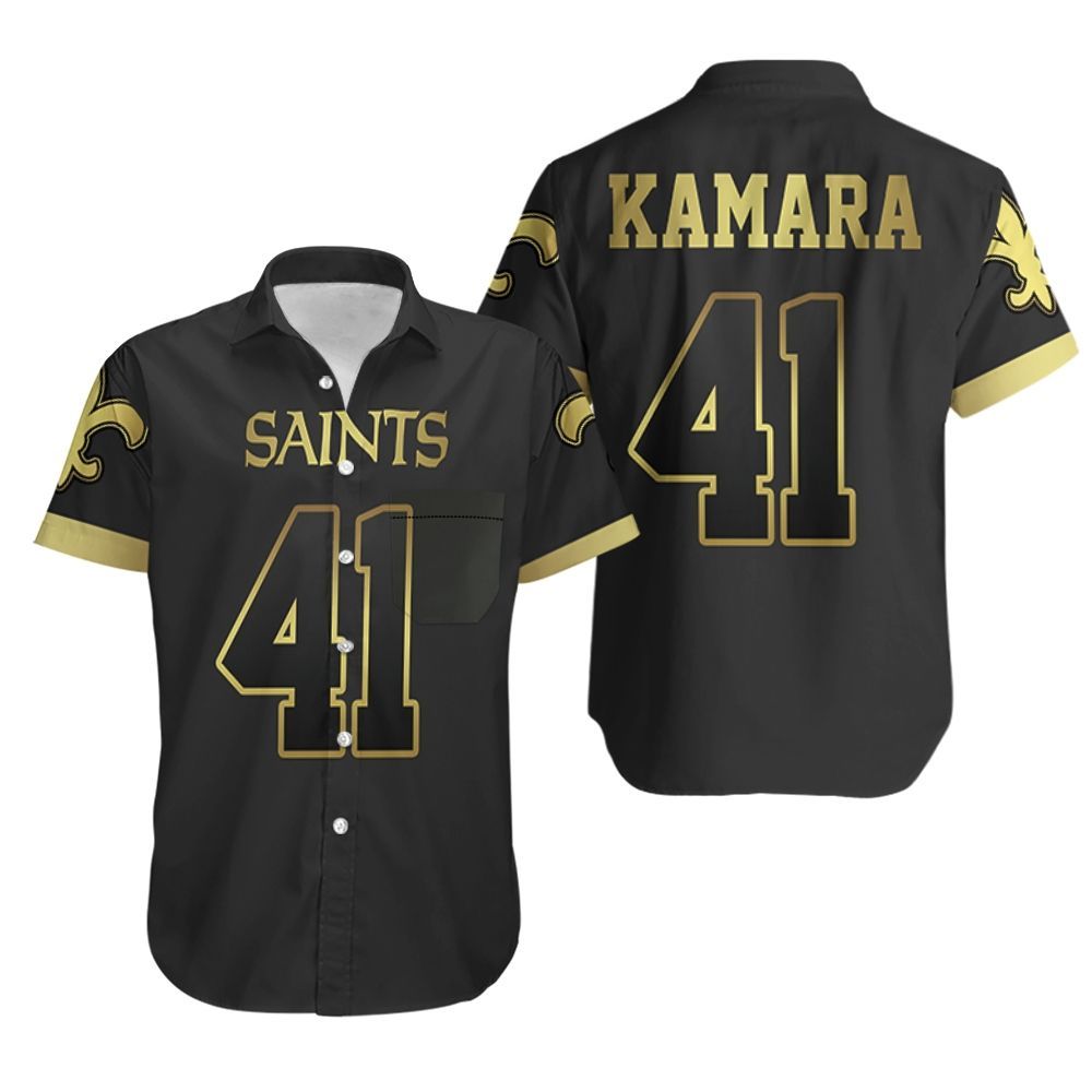 New Orleans Saints 41 Alvin Kamara Black Golden Edition Jersey Inspired Style Hawaiian Shirt Aloha Shirt for Men Women