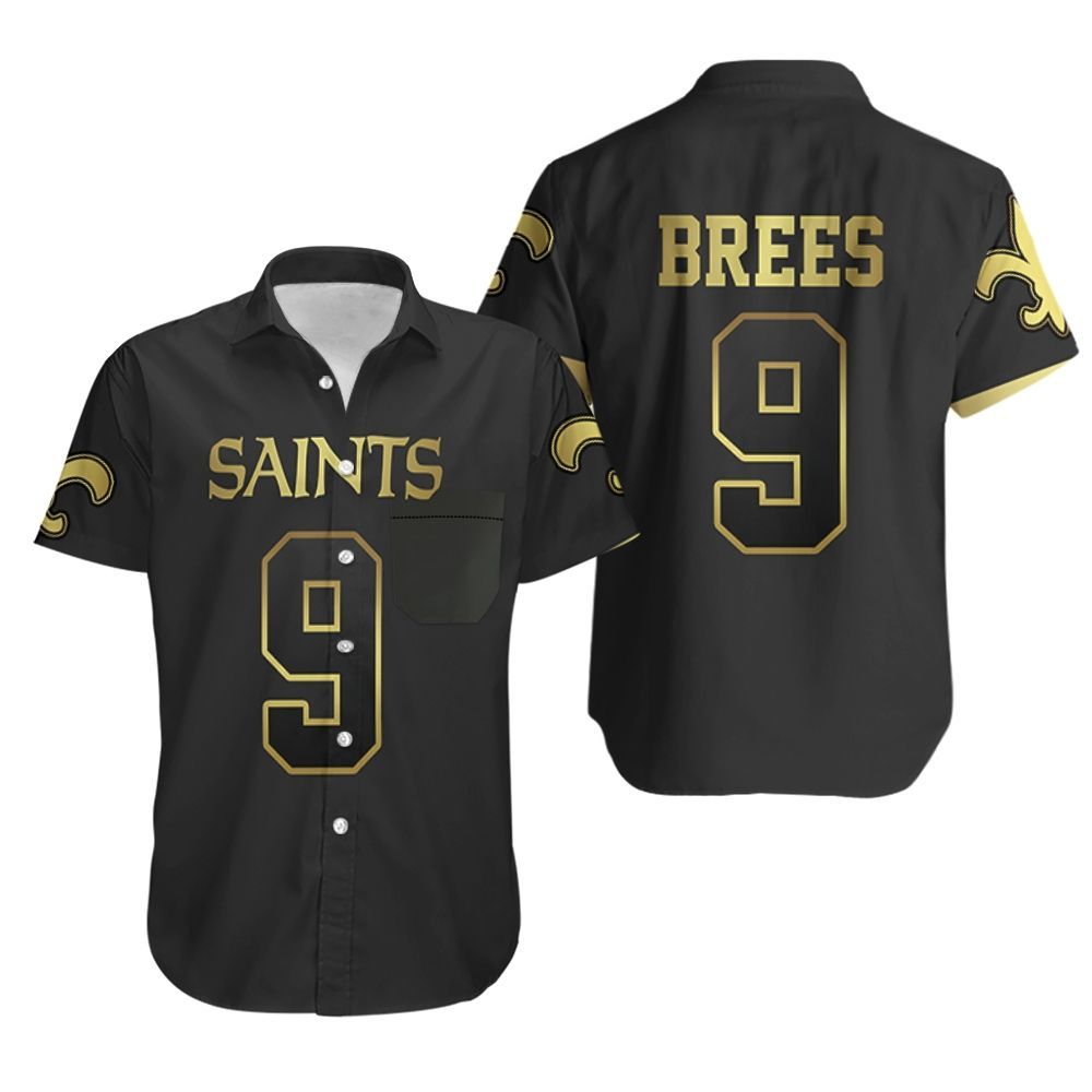 New Orleans Saints 9 Drew Brees Black Golden Edition Jersey Inspired Hawaiian Shirt Aloha Shirt for Men Women