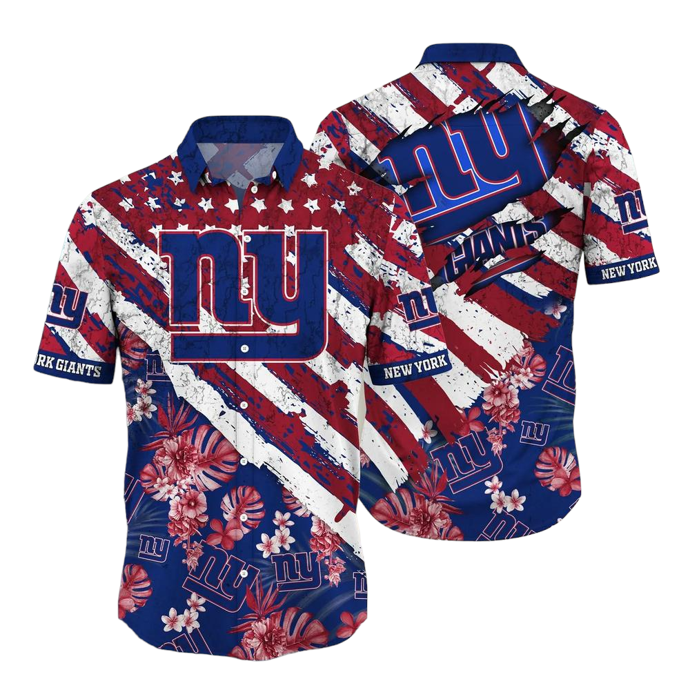 New York Giants NFL Hawaiian Shirt Floral Print American Flag Beach Shirt Short Style Summer