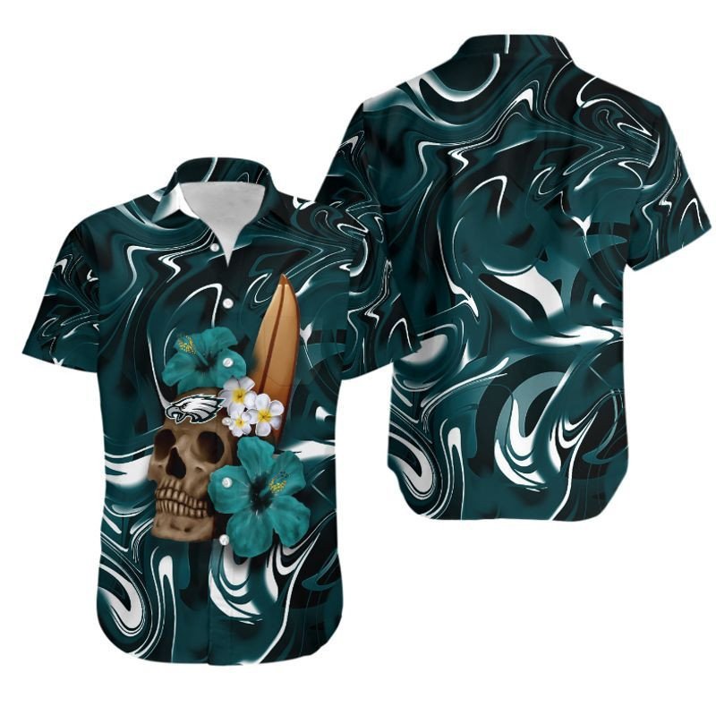 Philadelphia Eagles Skull and Hibiscus Flower NFL Gift For Fan Hawaiian Shirt Aloha Shirt for Men Women