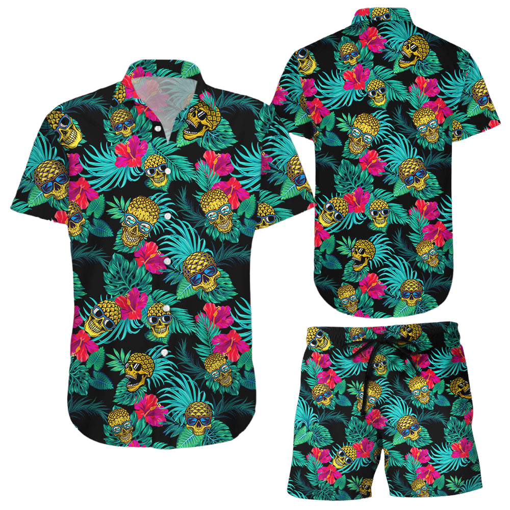 Pineapple Skull Hawaiian Shirt Tropical Skull Pineapple Green Button Down Shirts Sugar Skull Gifts