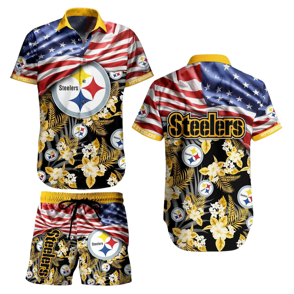 Pittsburgh Steelers NFL Hawaiian Shirt And Short Summer Tropical Pattern US Flag Best Gift For Sports Enthusiast