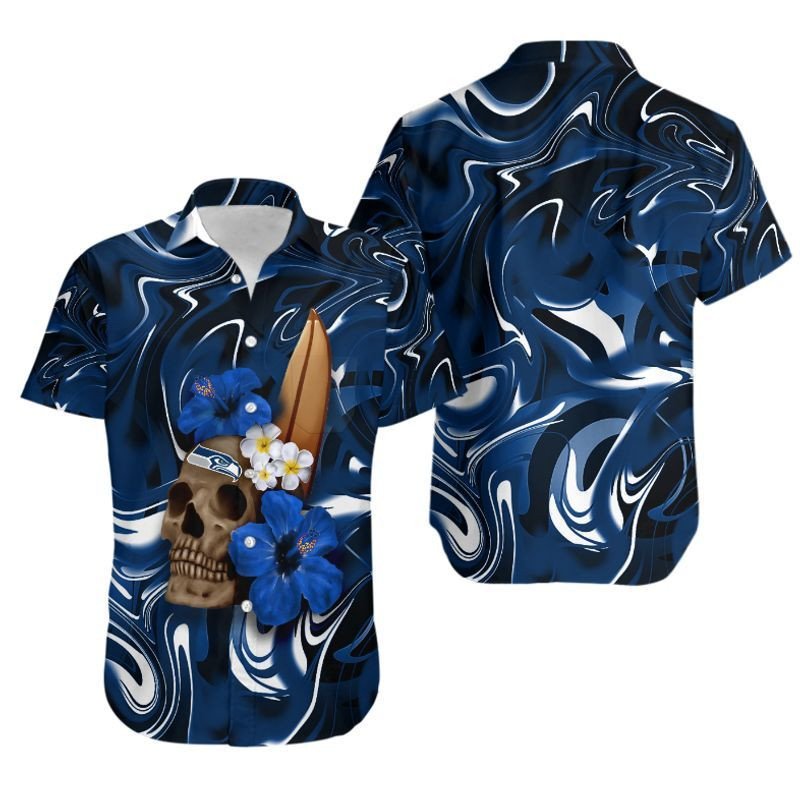 Seattle Seahawks Skull and Hibiscus Flower NFL Gift For Fan Hawaiian Shirt Aloha Shirt for Men Women