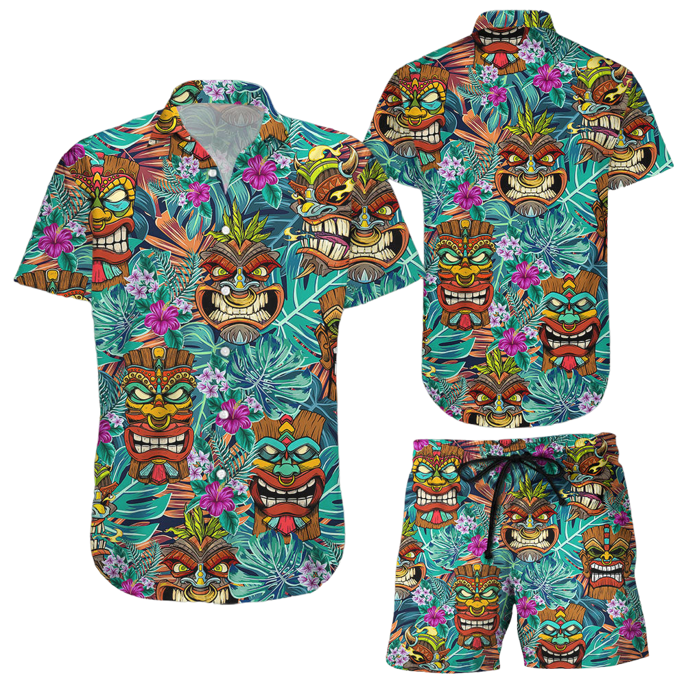 Tiki Hawaiian Shirt Tiki Tribal Wooden Mask Tropical Hawaii Shirt Tropical Themed Gift Ideas