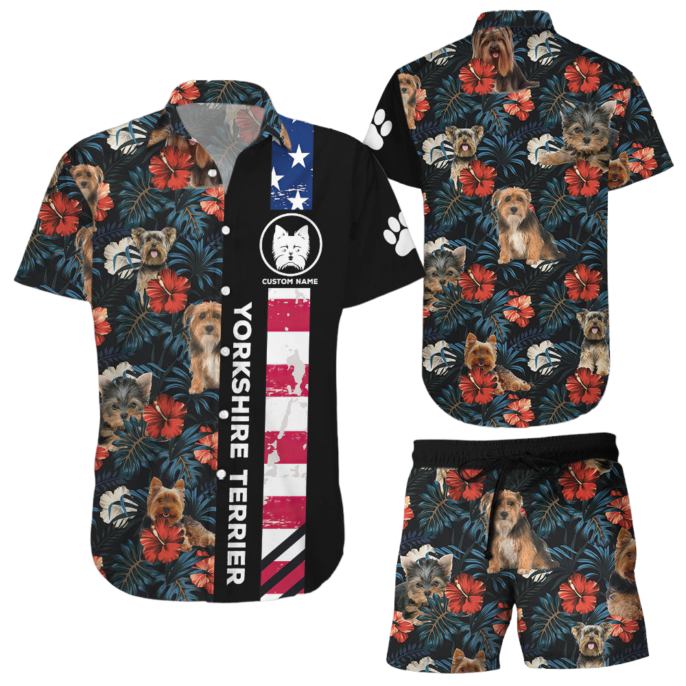 Yorkshire Terrier Hawaiian Shirts Tropical Flowers With Dog And Flag Shirts Gift Ideas For Dog Owners