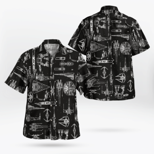 Space Ship Pattern Hawaiian Shirt - Black