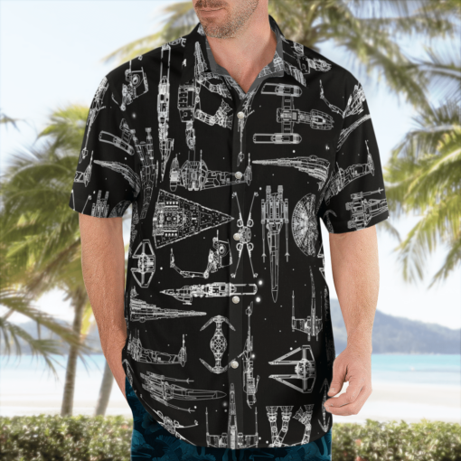 Space Ship Pattern Hawaiian Shirt - Black