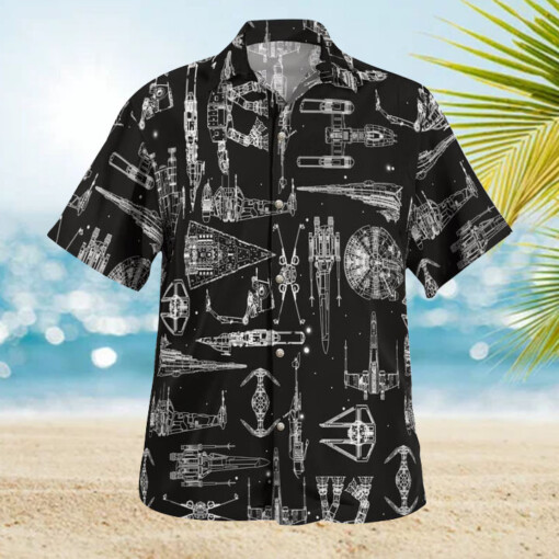 Space Ship Pattern Hawaiian Shirt - Black