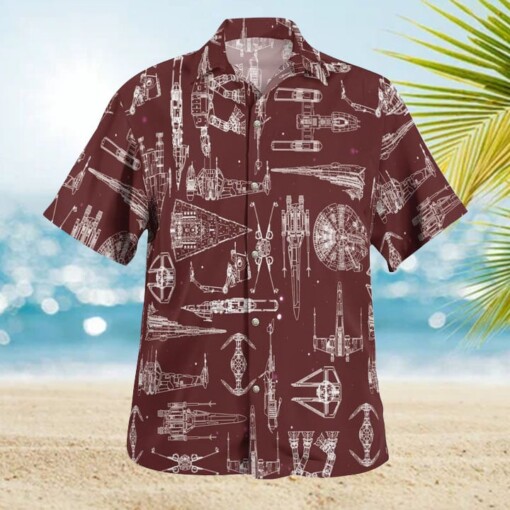 Space Ship Pattern Hawaiian Shirt - Brown