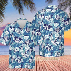Disney Mickey Mouse Floral Aloha Hawaiian Shirt Dark Blue