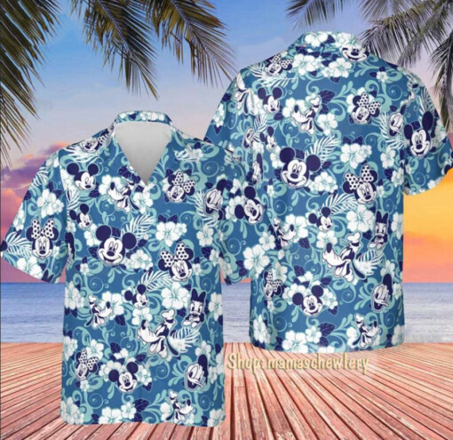 Disney Mickey Mouse Floral Aloha Hawaiian Shirt Dark Blue